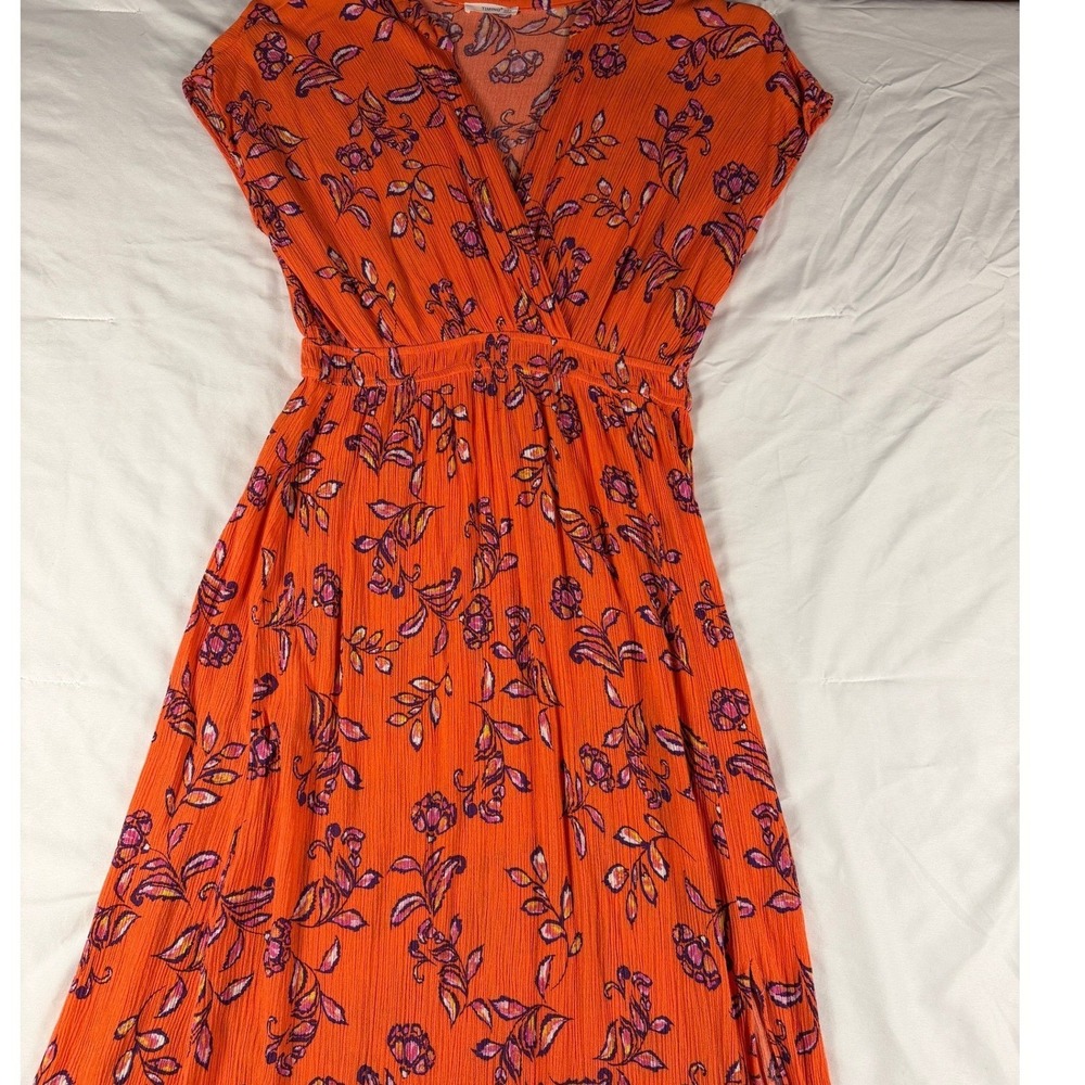 Timing Orange Floral Pleated Plissé Maxi Dress Womens V-Neck Boho Cap Sleeve - Picture 2 of 6